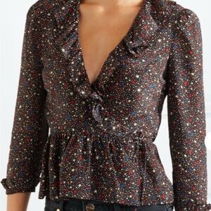 Madewell Black and Red Ruffled Wrap Blouse